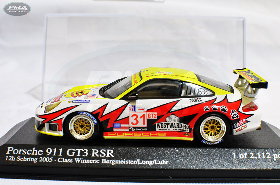 JÖRG BERGMEISTER, LUCAS LUHR, PATRICK LONG 2005 PETERSEN MOTORSPORTS, WHITE LIGHTNING RACING PORSCHE 911 GT3 RSR 1:43